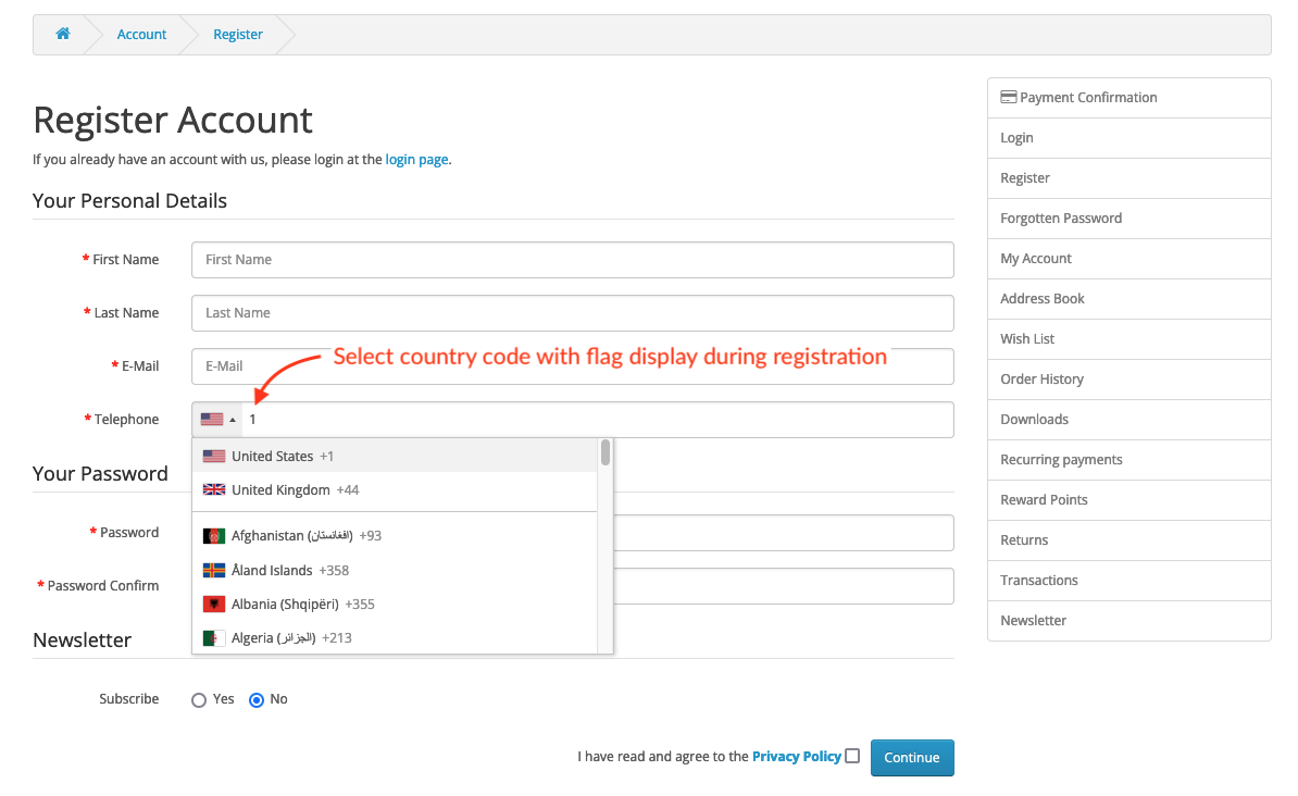 select country code telephone prefix by entering country name on opencart